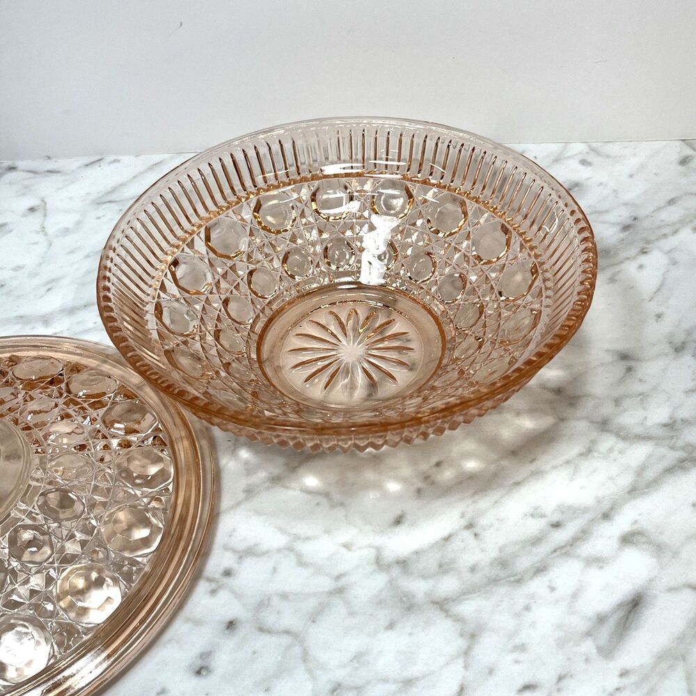 Indiana Glass Windsor Pink Peach Ballad Cane & Button Design Candy Dish & Lid - Picture 10 of 15